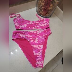 Skims 2 piece swimsuit in Pink And White With Logo Medium